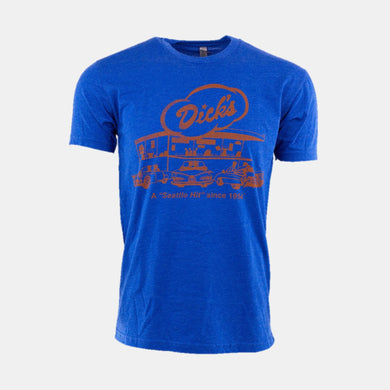 Heather blue t-shirt with orange distressed classic Dick's Drive-In restaurant logo and 