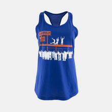 Load image into Gallery viewer, Royal blue women&#39;s tank top with orange and white graphic of Macklemore dancing on Dick&#39;s Drive-In roof on front
